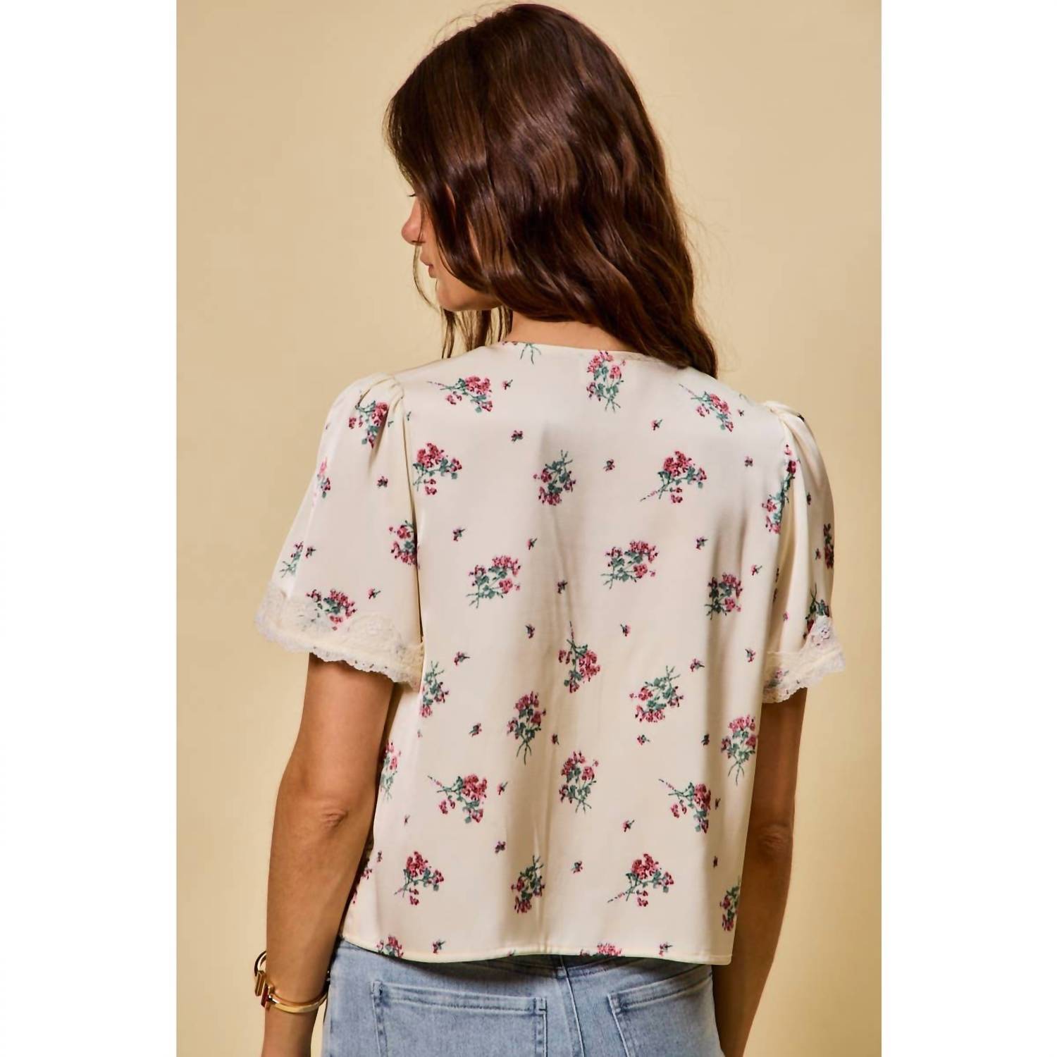 So Me - Rose Satin Tie Front Floral Blouse