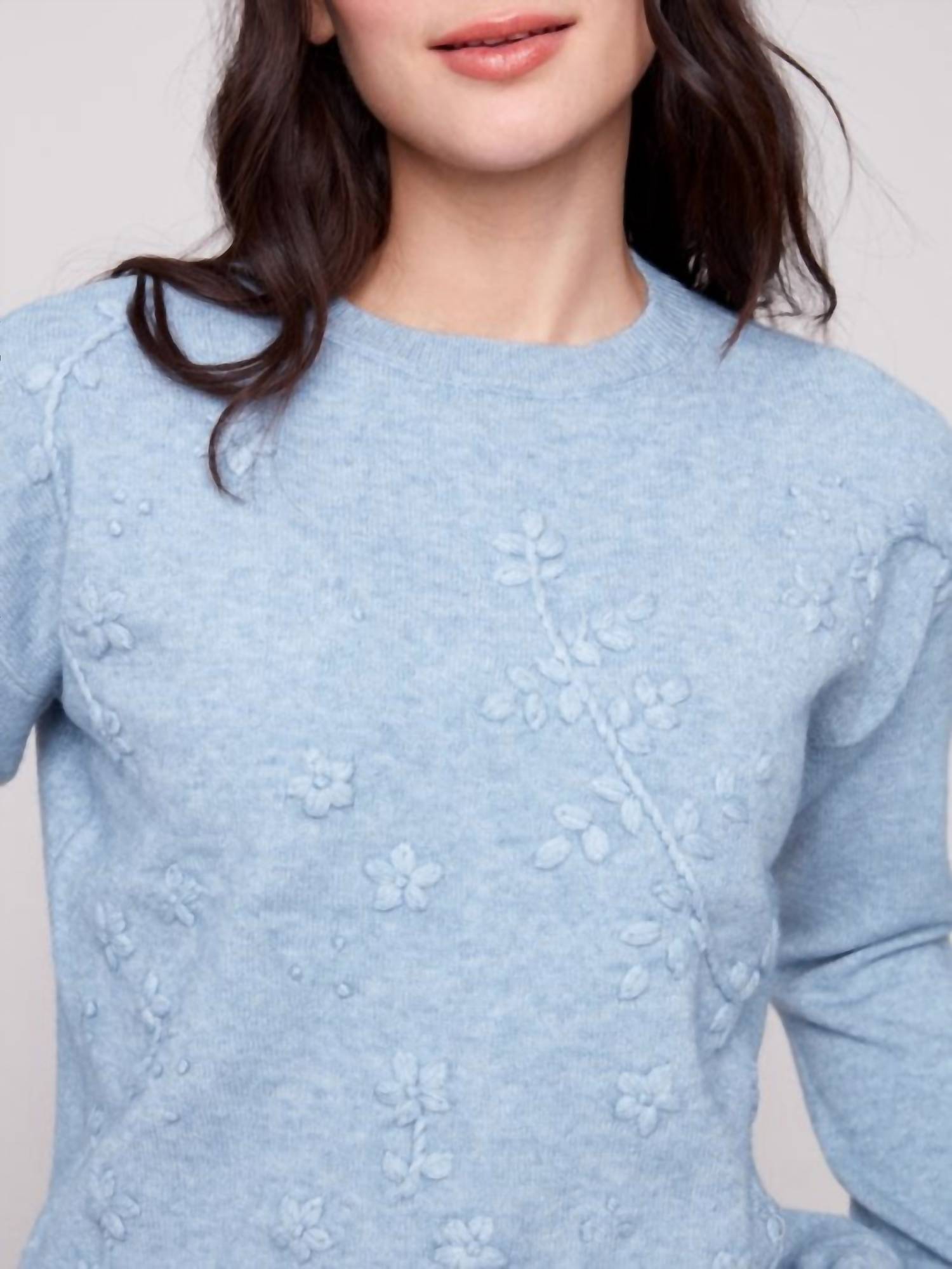 CHARLIE B Crew Neck Sweater With Tonal Embroidery in oxford - women's sweater - alternate view