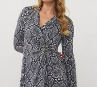 ESQUALO Buckle City Long Sleeve Mini Dress in grey snake - women's dress - detail view