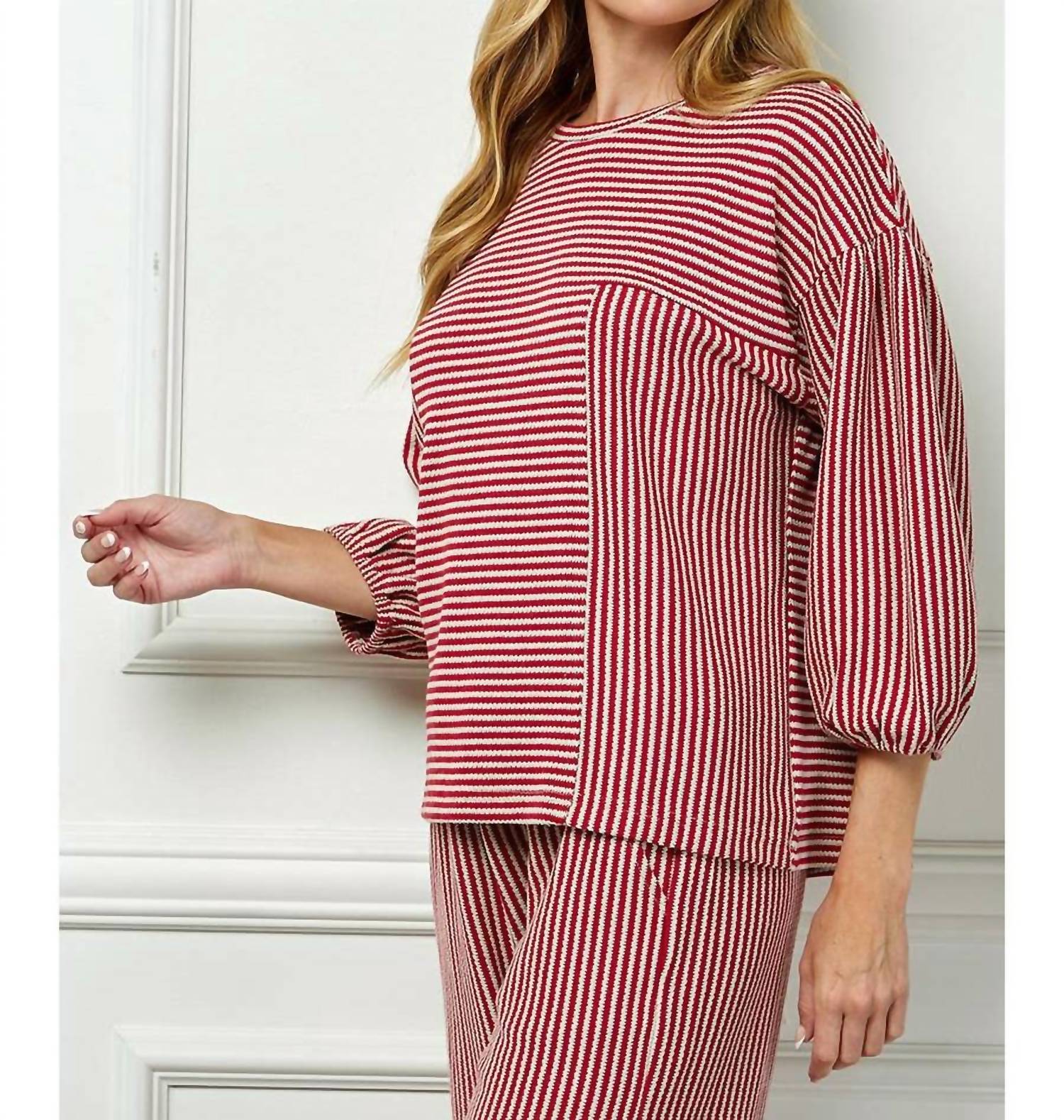 See And Be Seen - Striped Knit Top With Balloon Sleeves