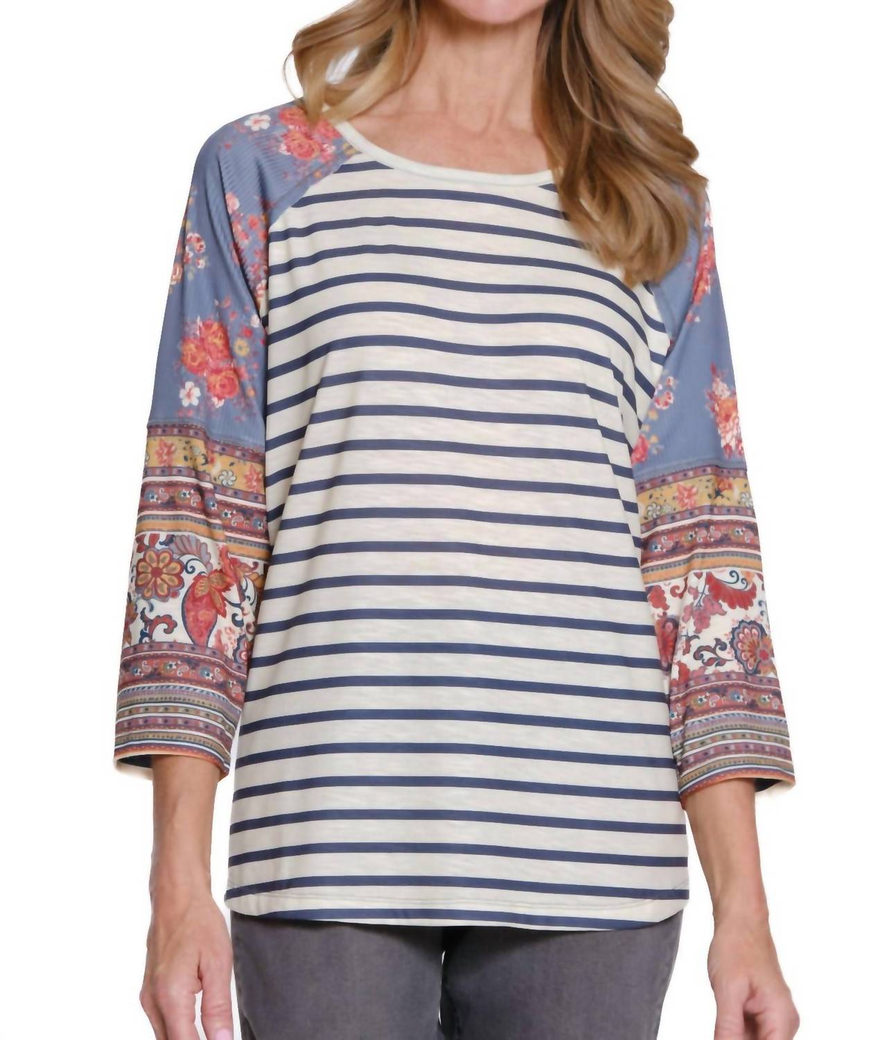 Multiples - Three Quarter Raglan Sleeve Scoop Neck Top
