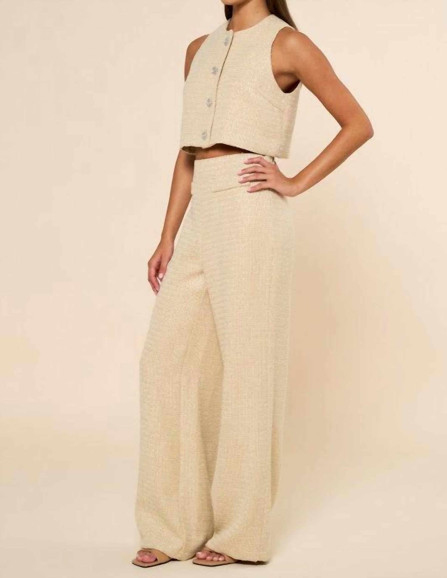 Lalavon - Sleeveless Tweed Vest And Long Pants Set