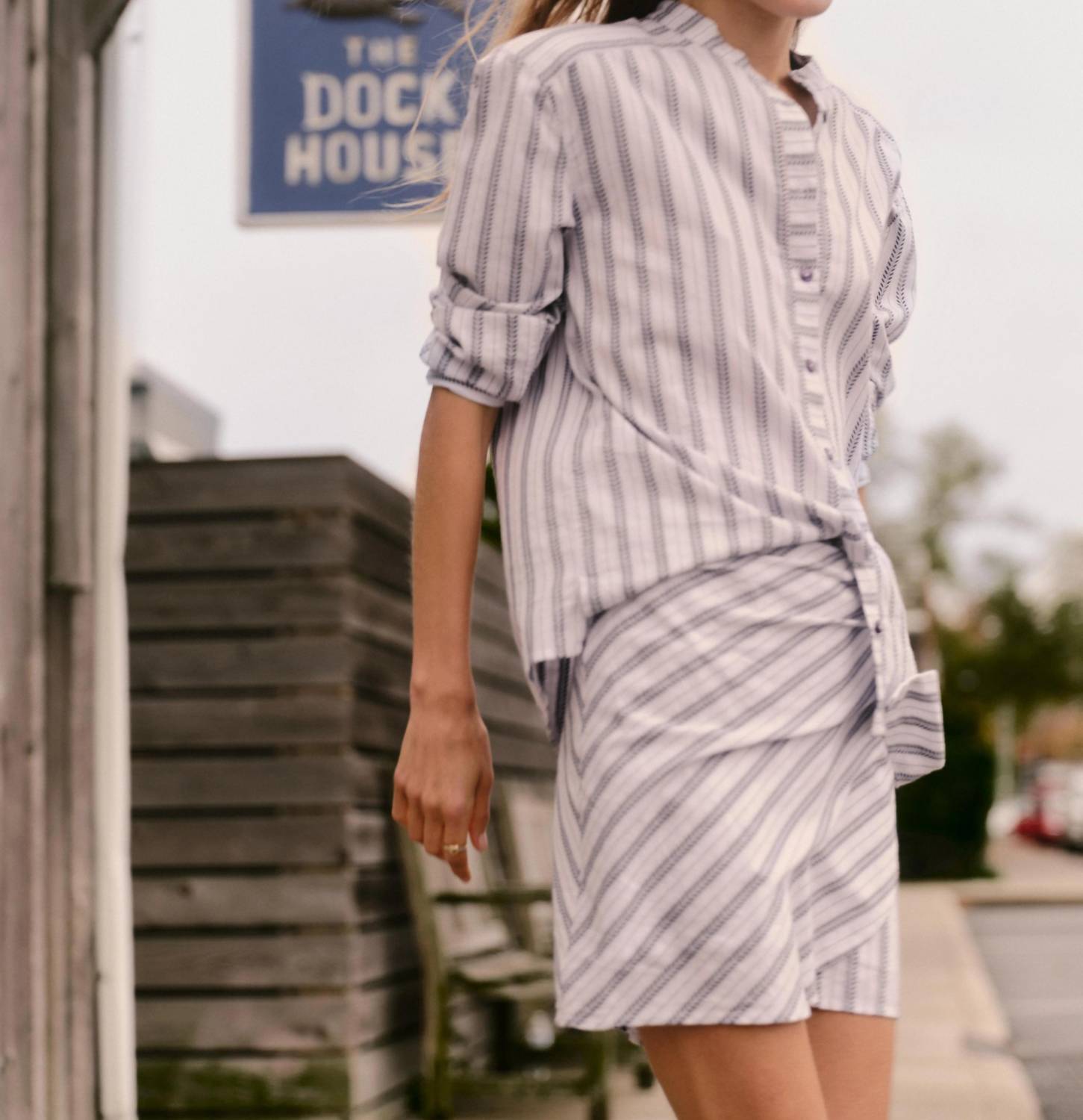 Cartolina Nantucket Rosalie Button Down Shirt in coastal indigo stripe - women's shirt - detail view