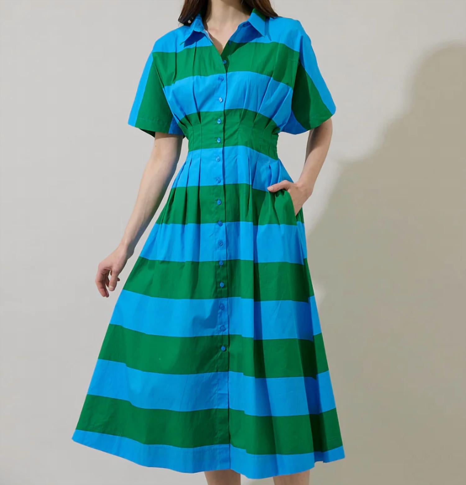 SUGARLIPS Breezy Striped Shirt Dress in blue and green - women's dress