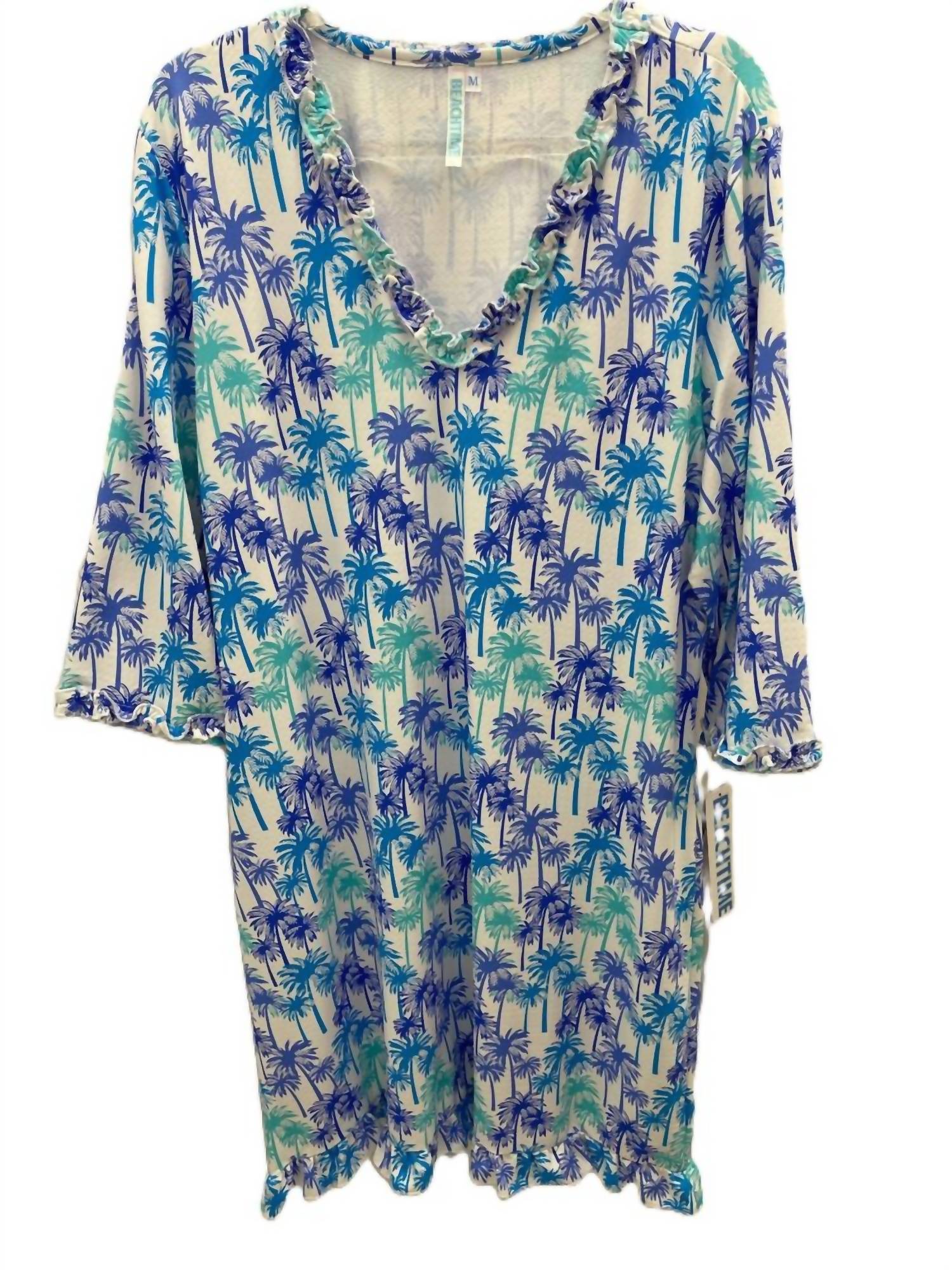Beachtime - Women's Ruffle V-neck and hem Blue Palms Dress