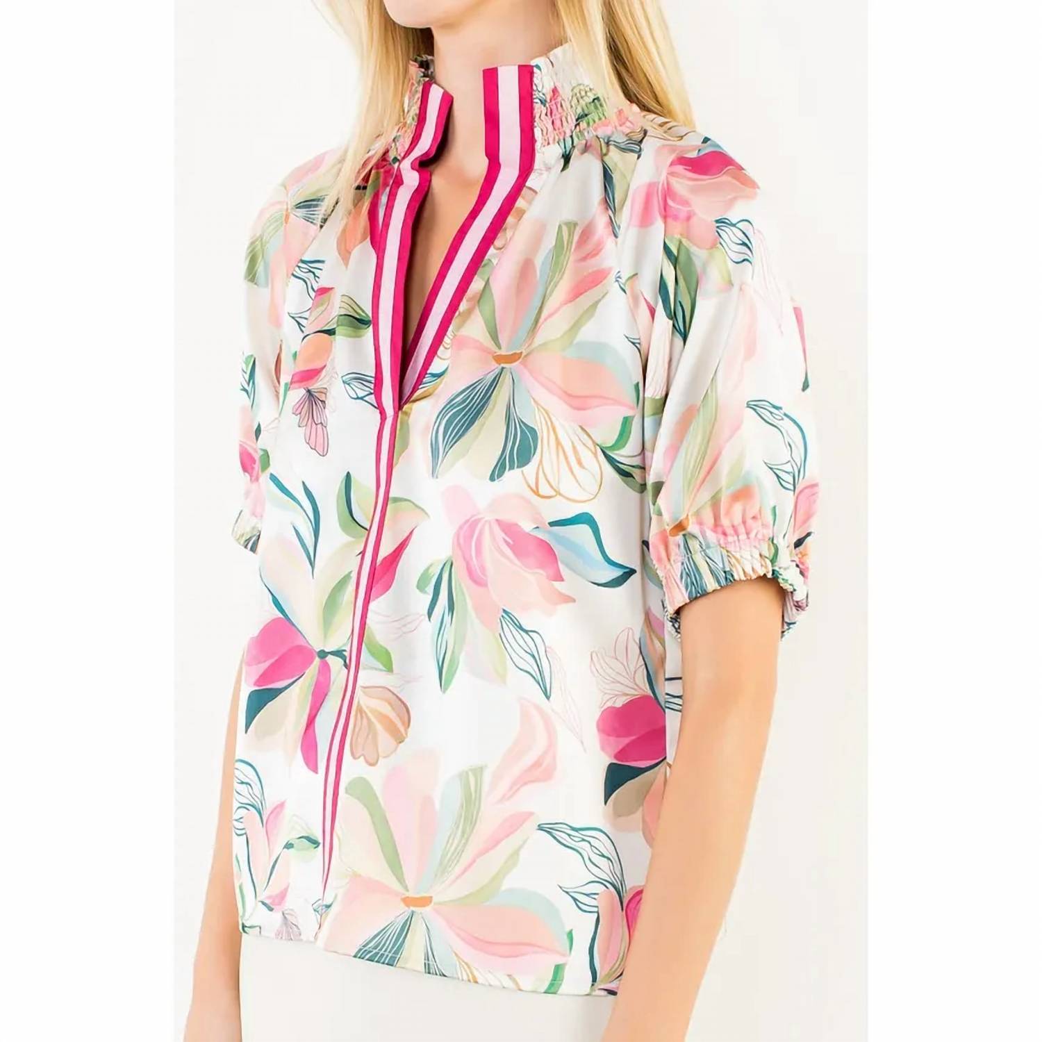 Thml - Floral Satin Short Sleeve Top With Contrast Bands