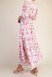 Easel - Women's Floral Botanical Printed Linen Maxi Dress