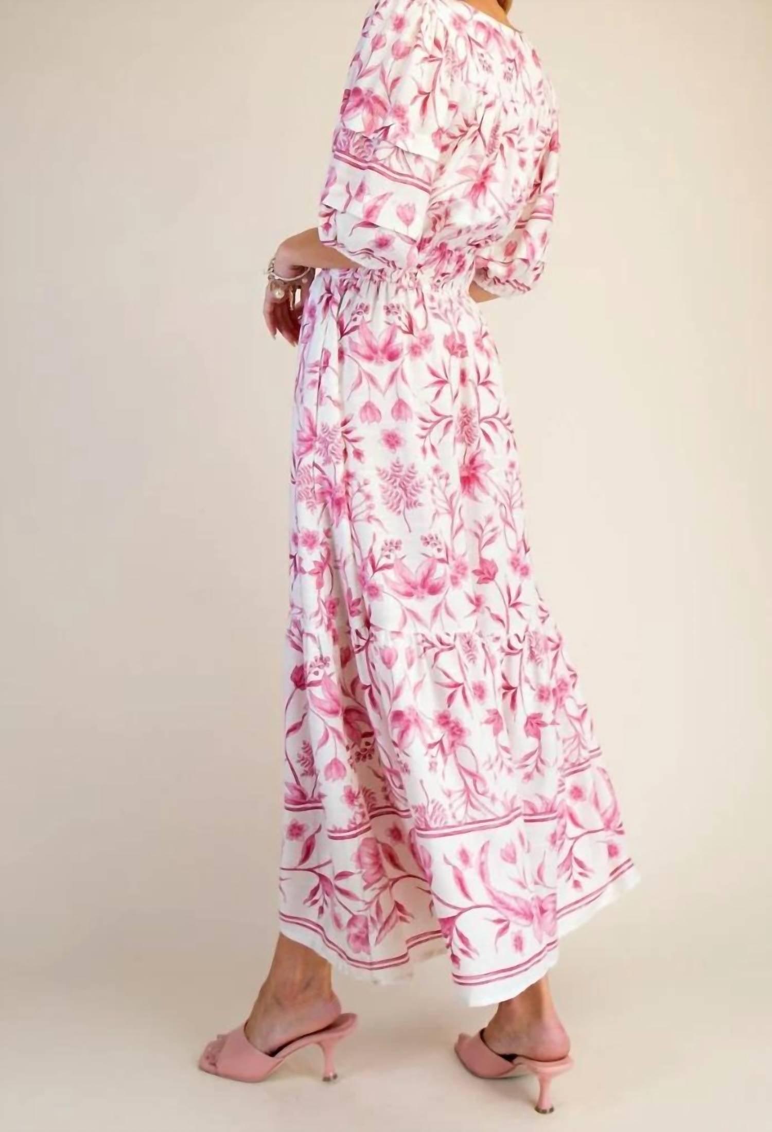Easel - Women's Floral Botanical Printed Linen Maxi Dress