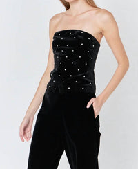 endless rose Velvet Rhinestone Bustier Top in black 1 - women's shirt - detail view