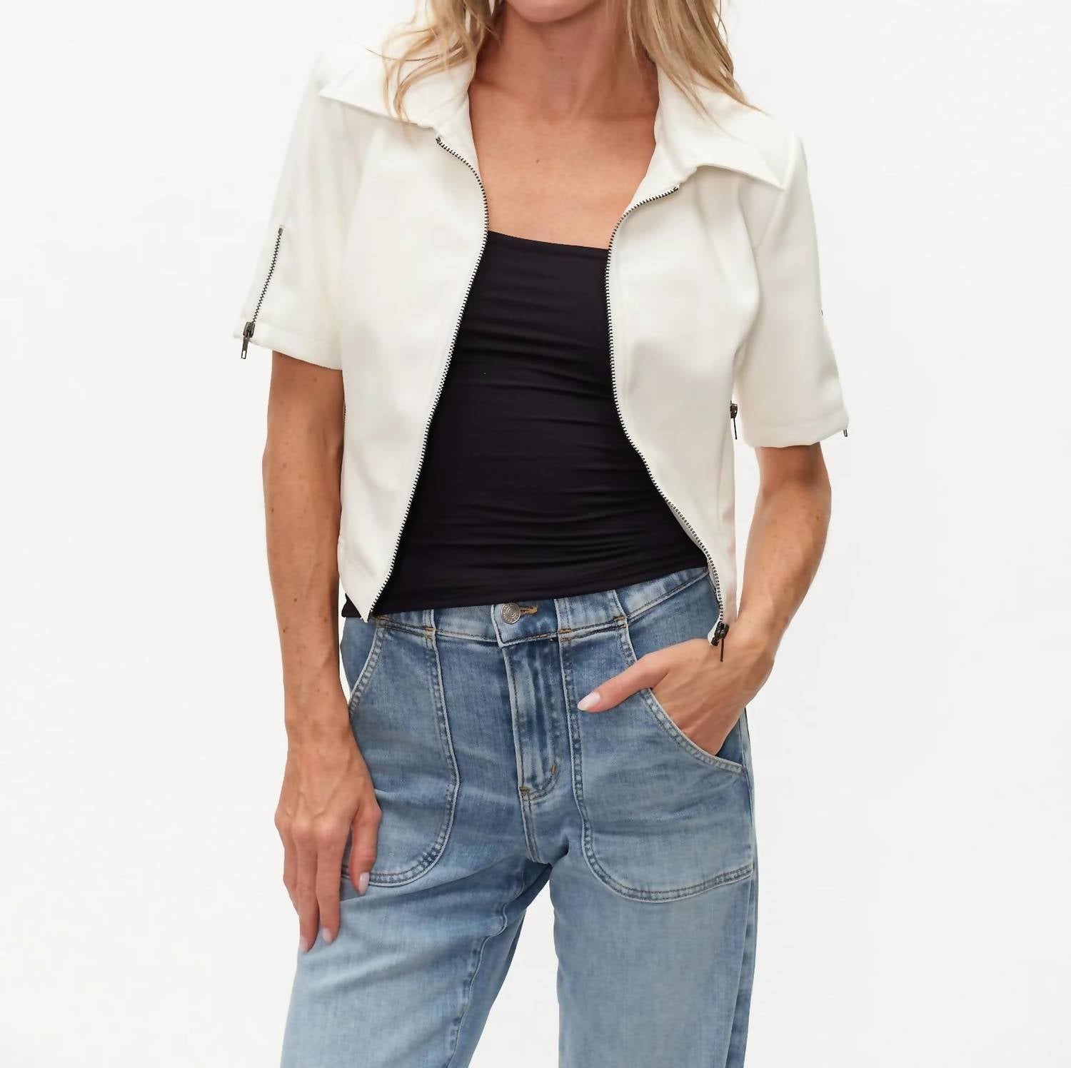 Six/Fifty - Faux Leather Short Sleeve Collared Jacket