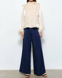 Skies Are Blue - Delphine Metallic Shimmer Bow Tie Feather Hem Blouse Top