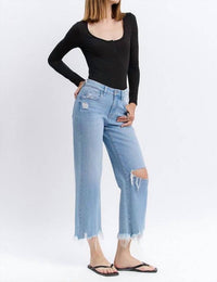 LOVERVET High Waist Crop Distressed Knee Jeans in light wash - women's jeans - view 4