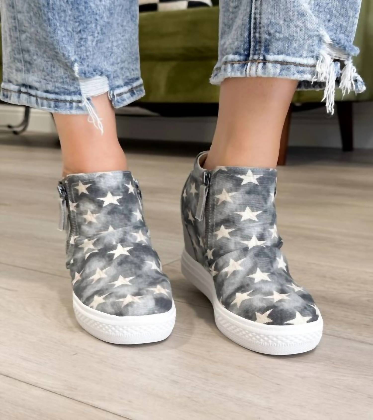 Not Rated Women's Denim Starry Wedge Sneaker in cream beige dark wash - women's sneaker - alternate view