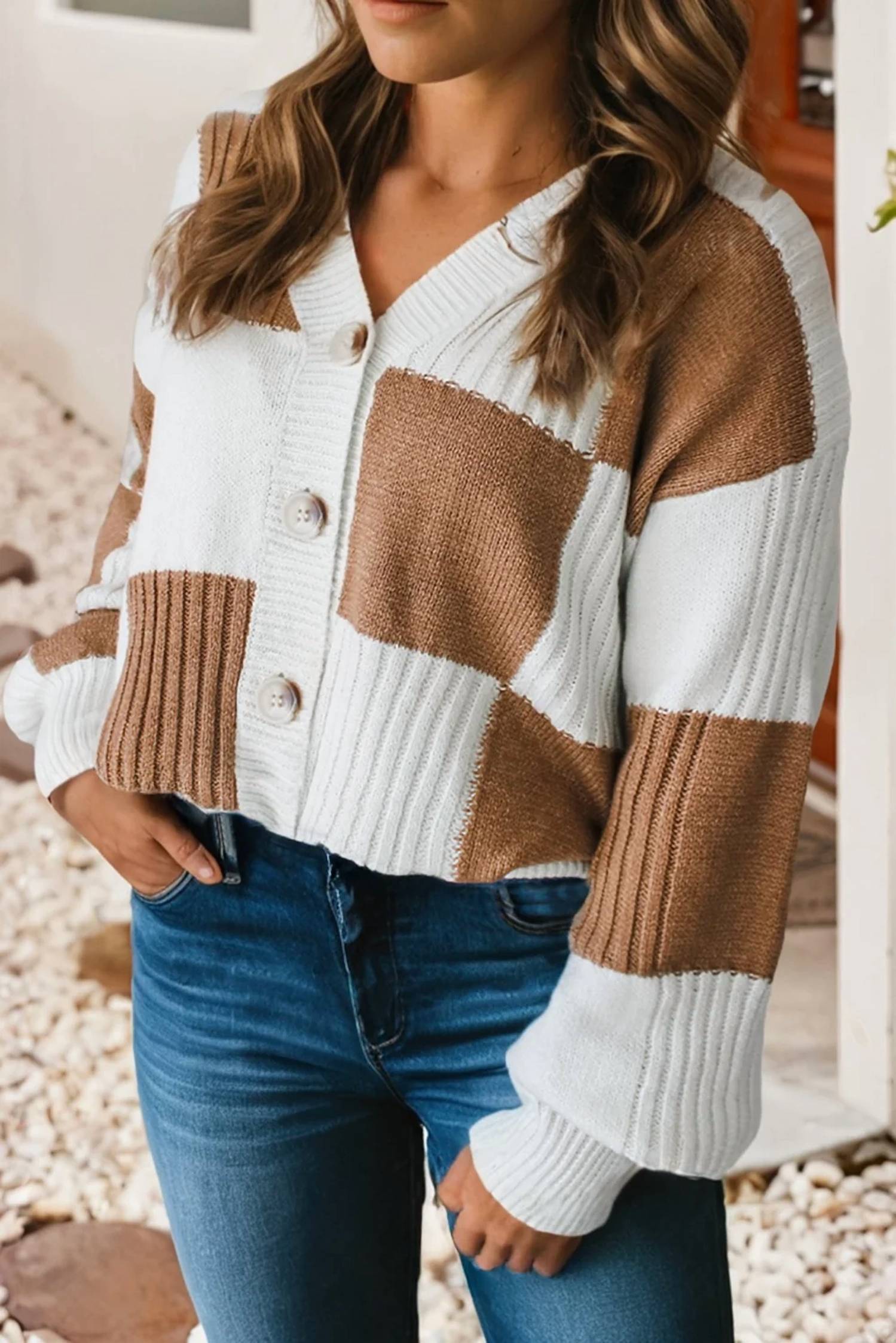 Little Daisy Closet - Checkered Ribbed V Neck Sweater Cardigan