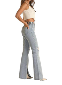 Rock & Roll Denim Slit Hem High Rise Flare Jean in light wash - women's jeans - alternate view