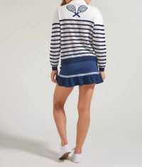 L'Oeuf Poche Pointelle Racquests Sweater in off white navy stripes - women's sweater - detail view
