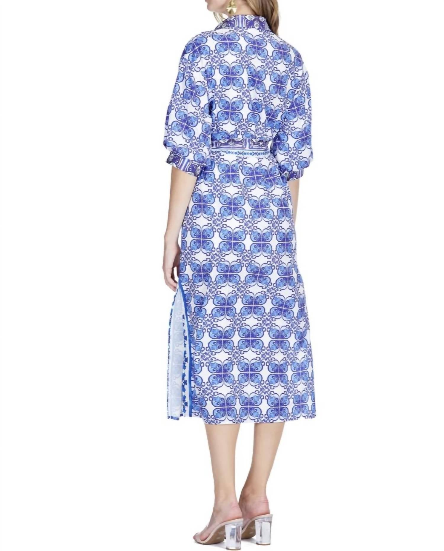 Jade Damask Tile Print Maxi Dress in blue damask - women's dress - alternate view