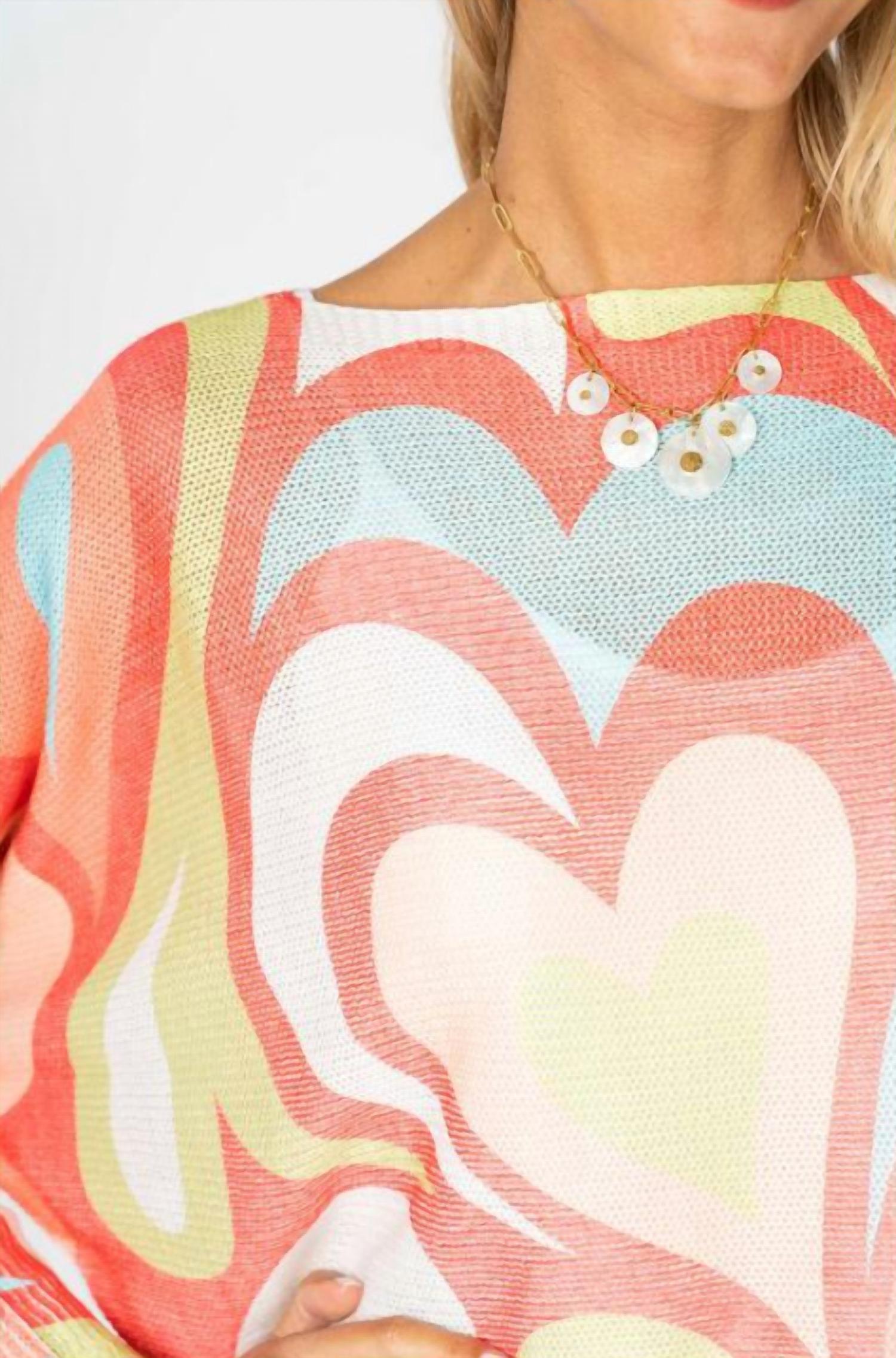 Look Mode Usa - Heart Print Open Weave Batwing Sweater