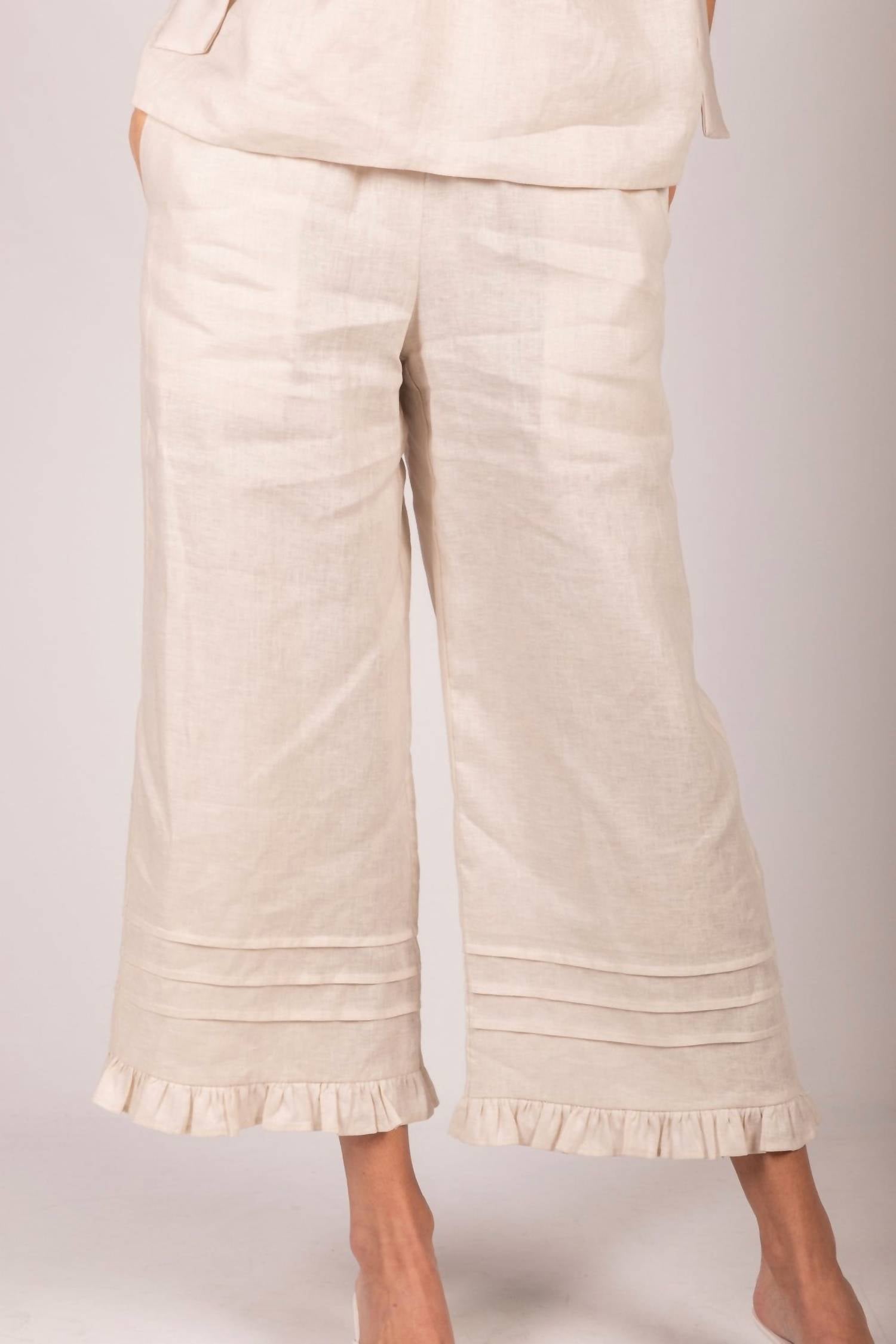 P.CILL Linen Ruffled Hem Wide Leg Pant in natural - women's pants - alternate view