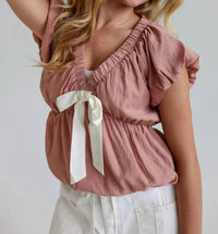 In February - Tie-front Blouse With Bubble Sleeves