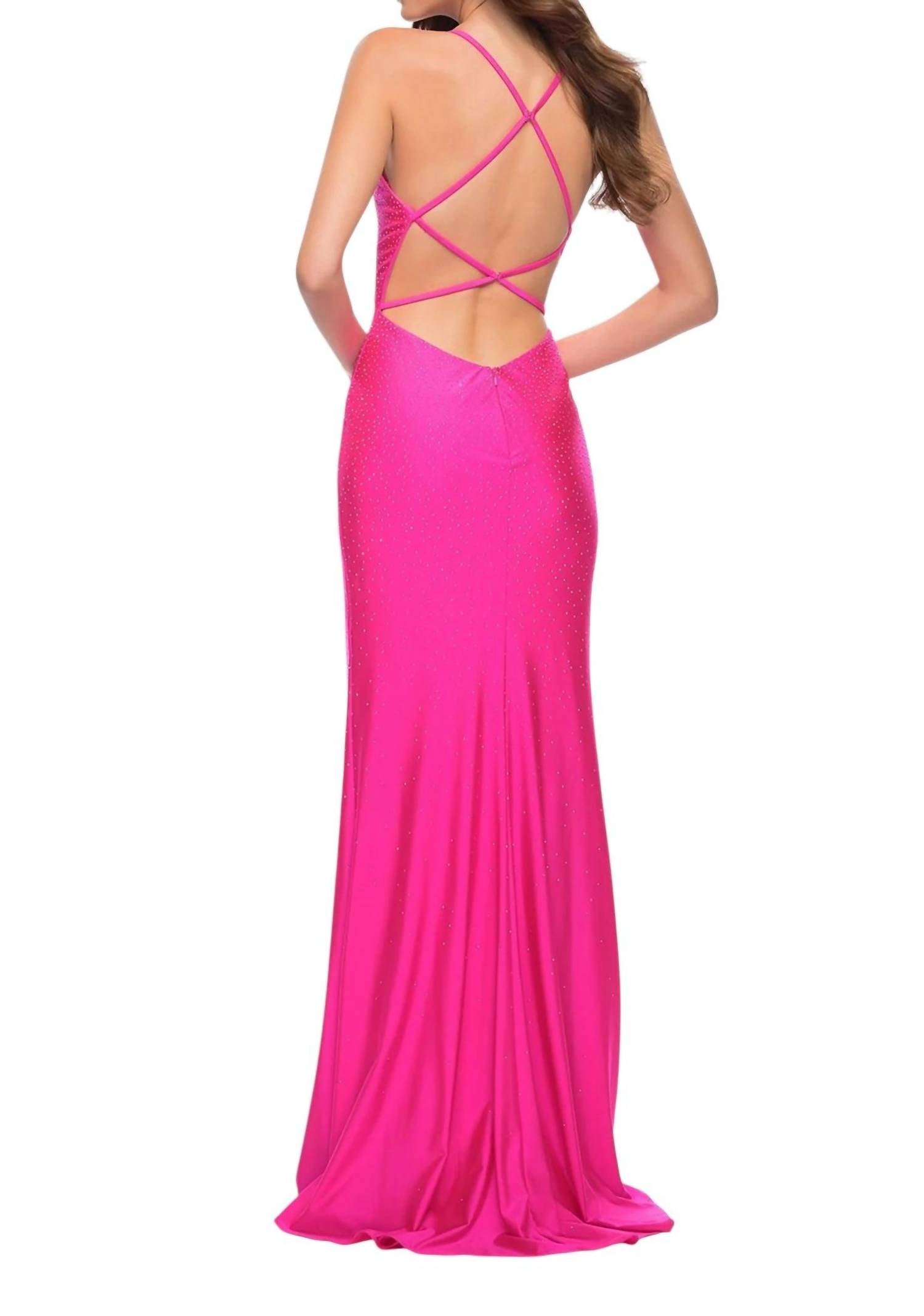 La Femme - Rhinestone Plunge Neck Gown