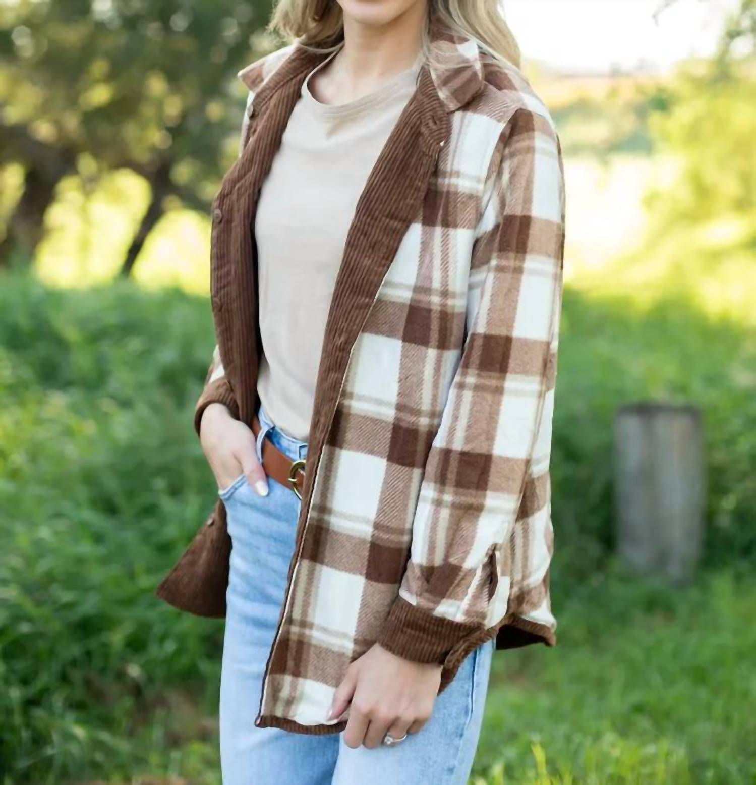 Trend:Notes - Reversible Corduroy And Plaid Flannel Shacket With Chest Pockets