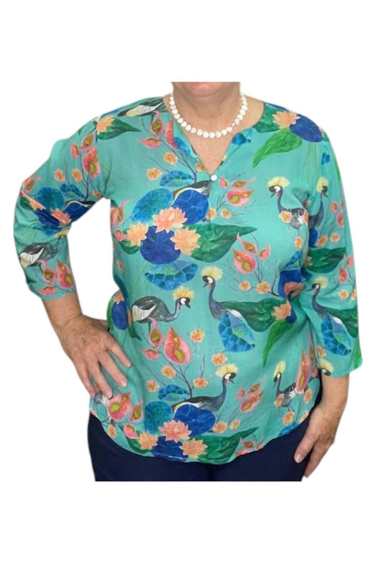 Dolma - Water Lily Print Three-quarter Sleeve Top