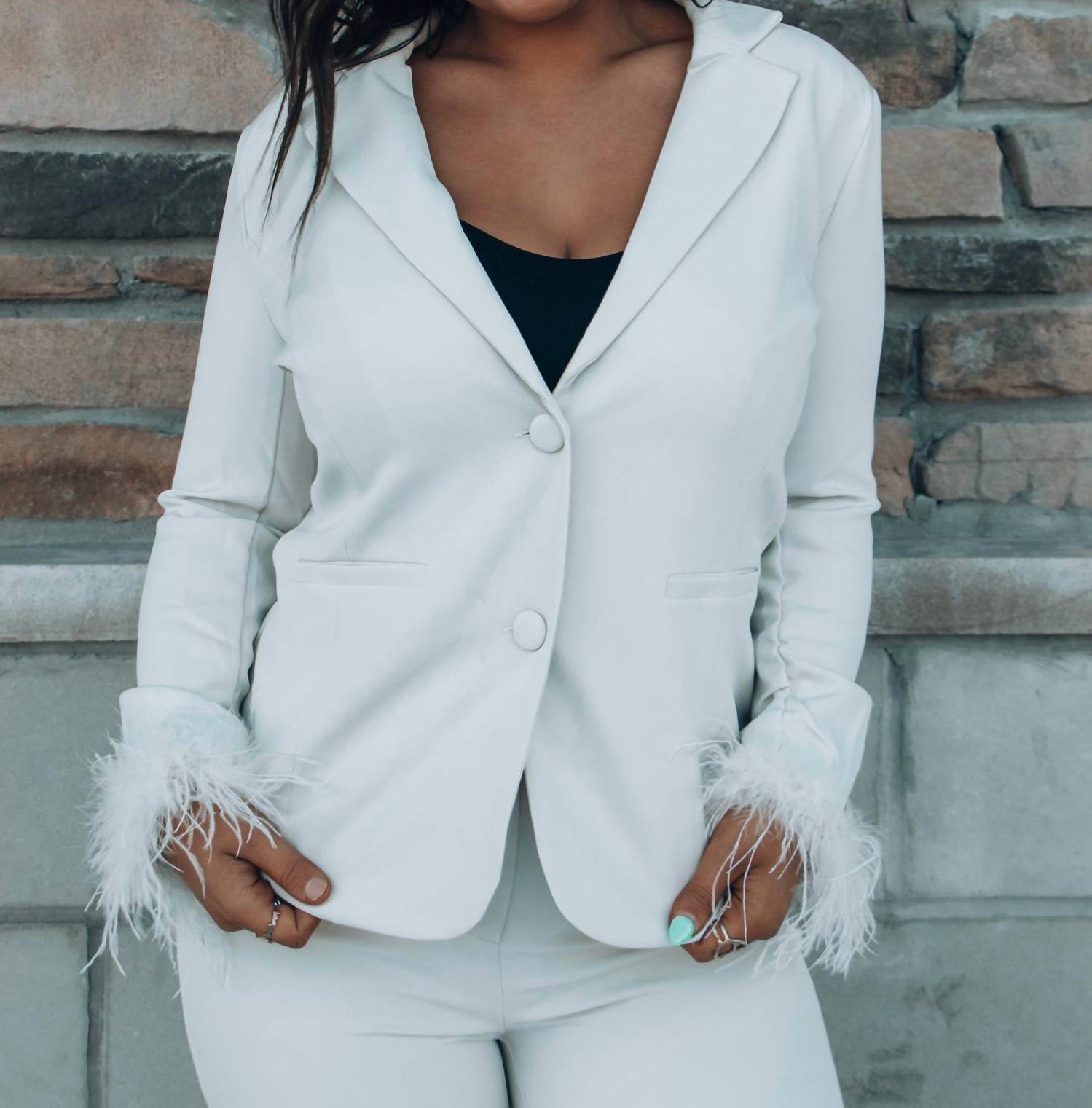 Skies Are Blue - Business Baddie Feather Cuff Blazer