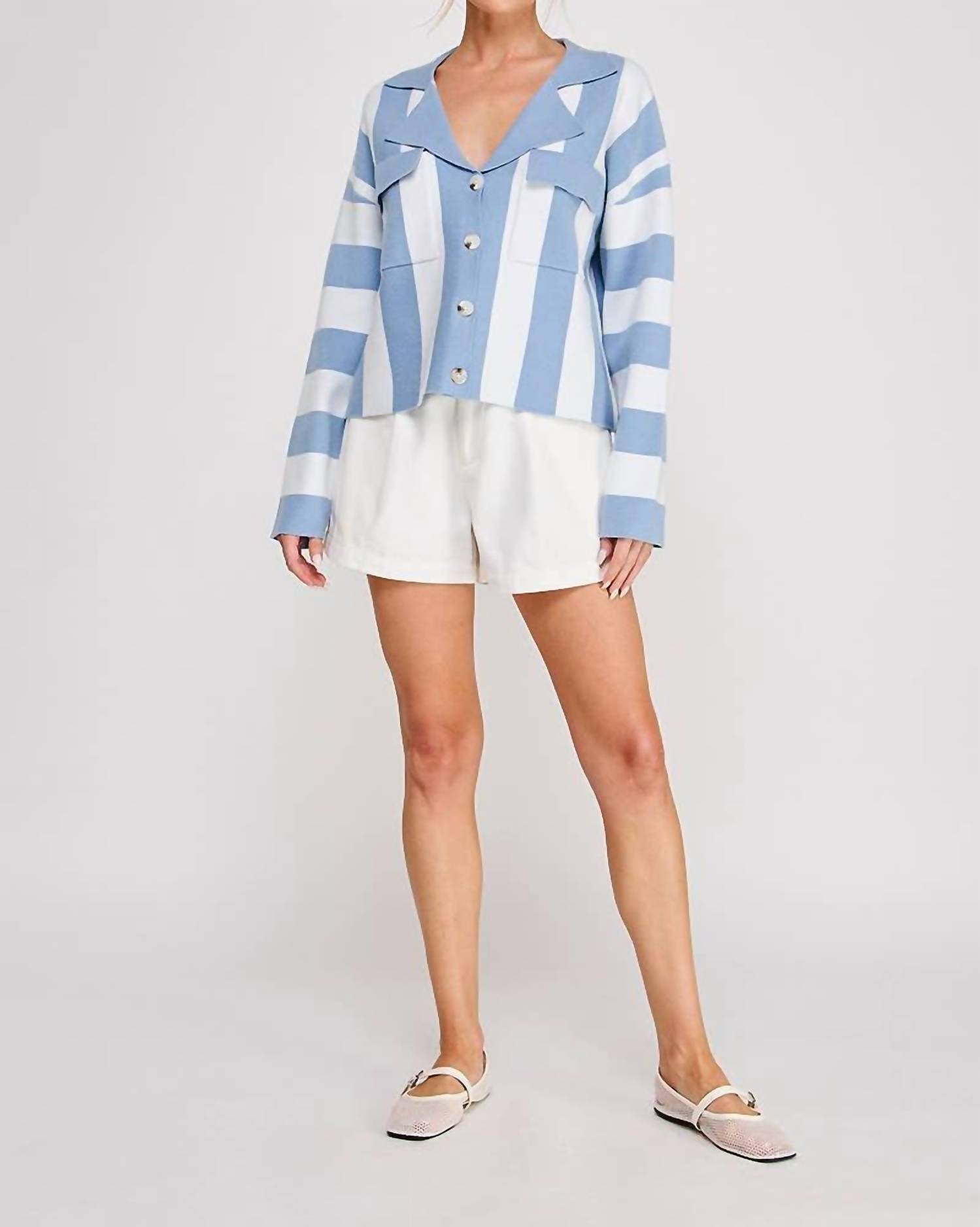ALLIE ROSE Striped Soft Relaxed Collared Cardigan in ivory blue - women's cardigan - view 4