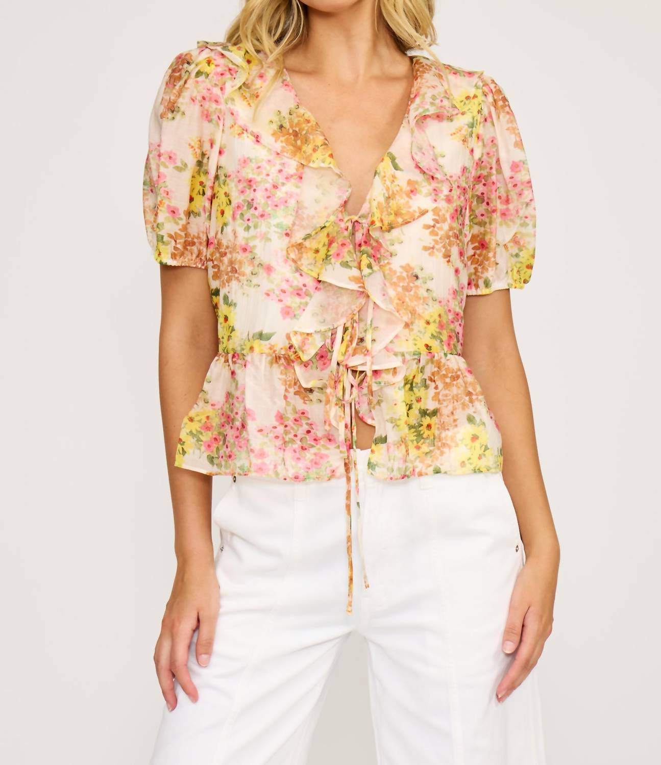 LUCY PARIS Bee Ruffle Top in multi floral - women's blouse