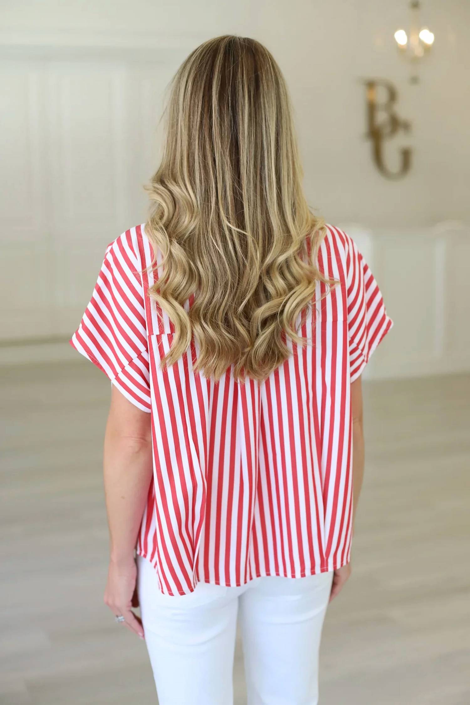 Karlie - Stripe Poplin V-neck Collar Top