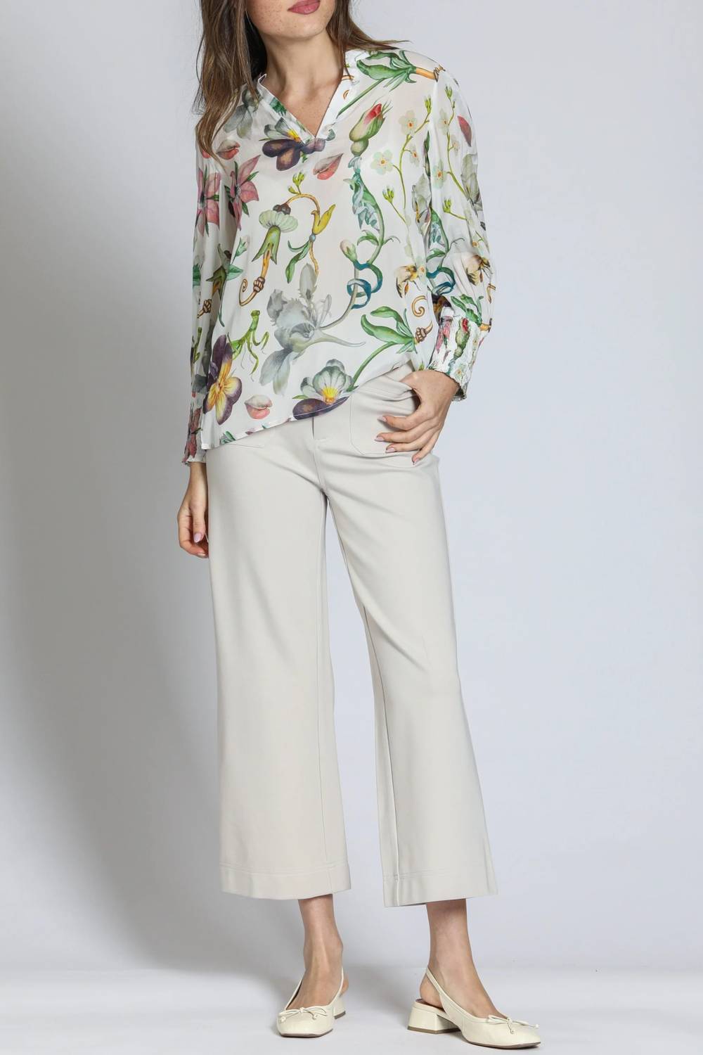 Apny - Split Neck With Smock Cuff Top