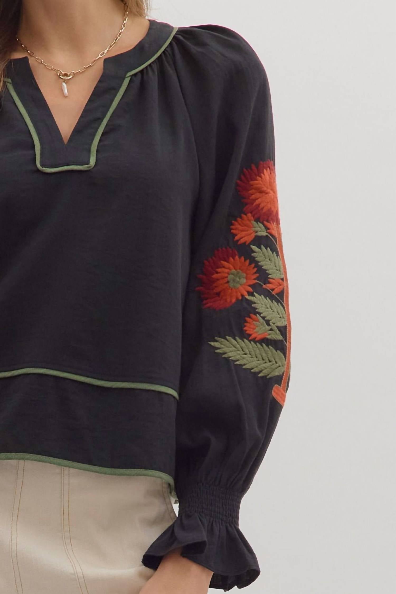 Entro - Solid Long Puff Sleeve Top