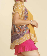 umgee Mixed Print Short Sleeve Top in goldenrod - women's blouse - detail view