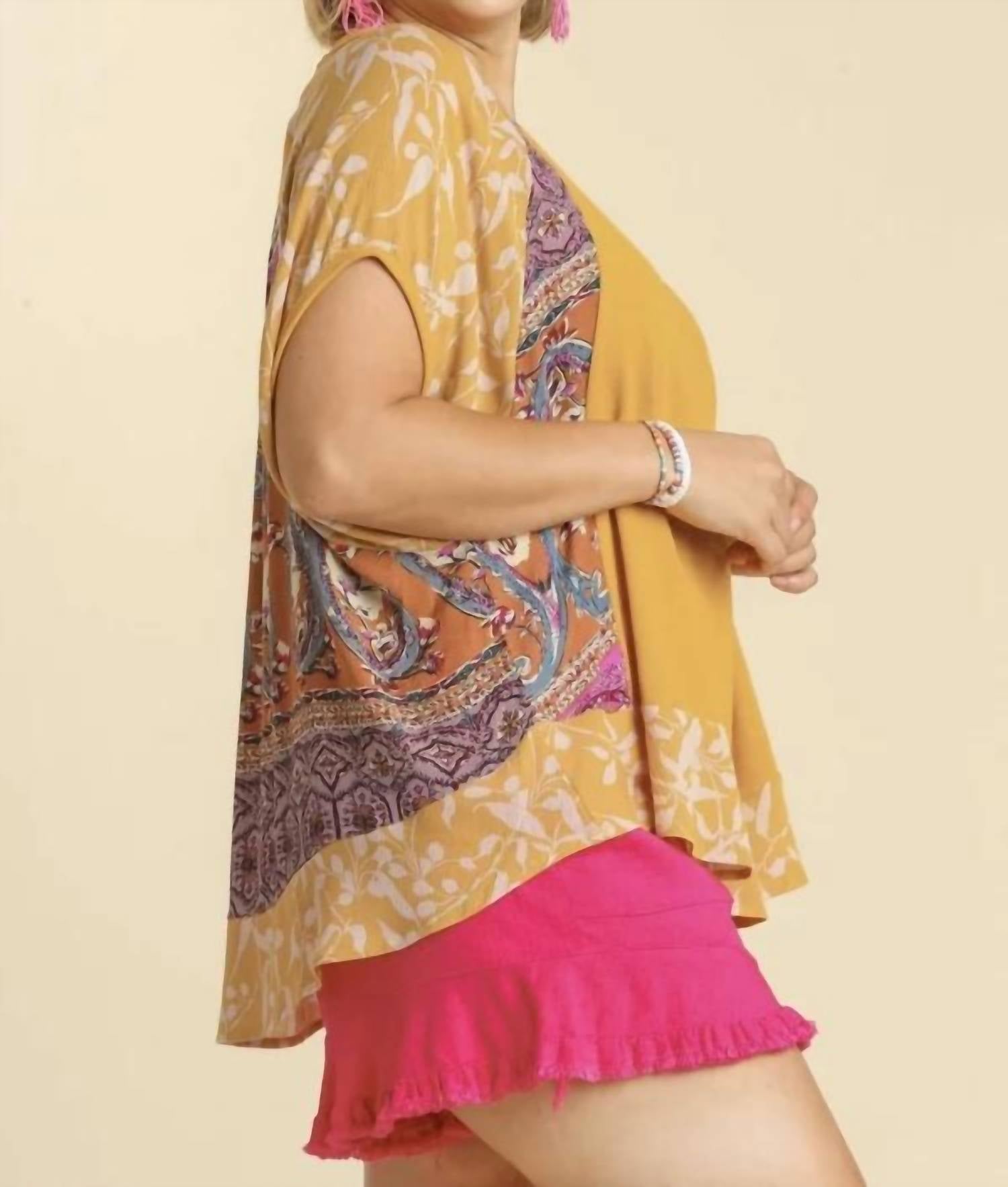 umgee Mixed Print Short Sleeve Top in goldenrod - women's blouse - detail view