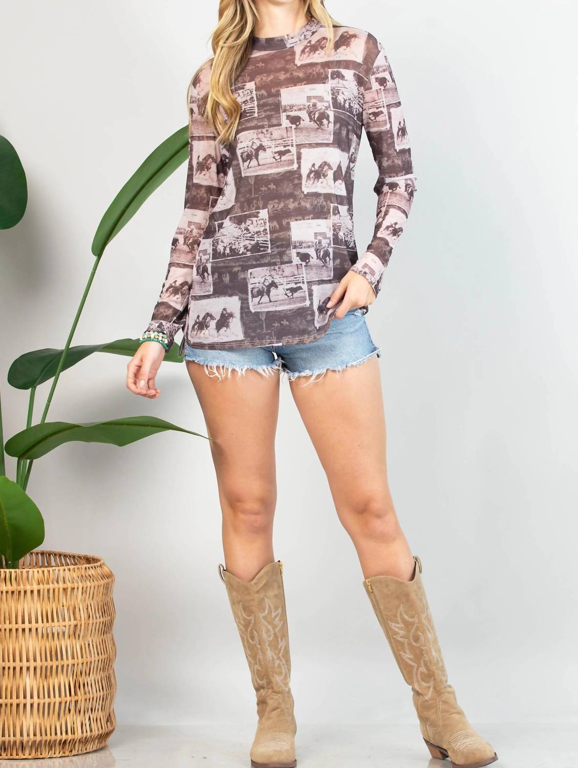 Avery Heritage Collection - Amy Western Print Mesh Top