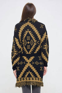 Reneec. - Tribal Print Cardigan with Fringe Detail and Tie