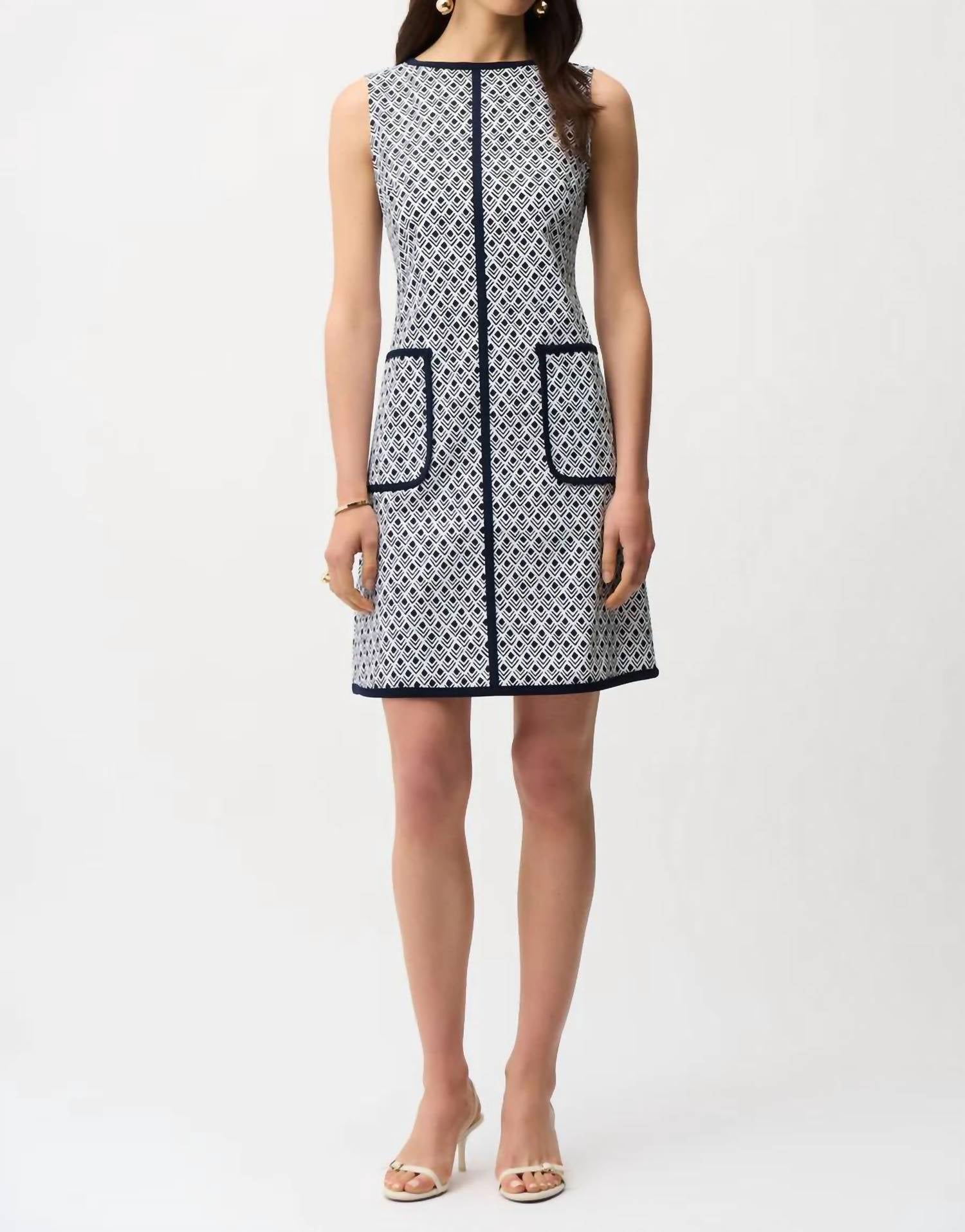 Joseph Ribkoff Millennium geometic print shift dress in navy and white - women's dress