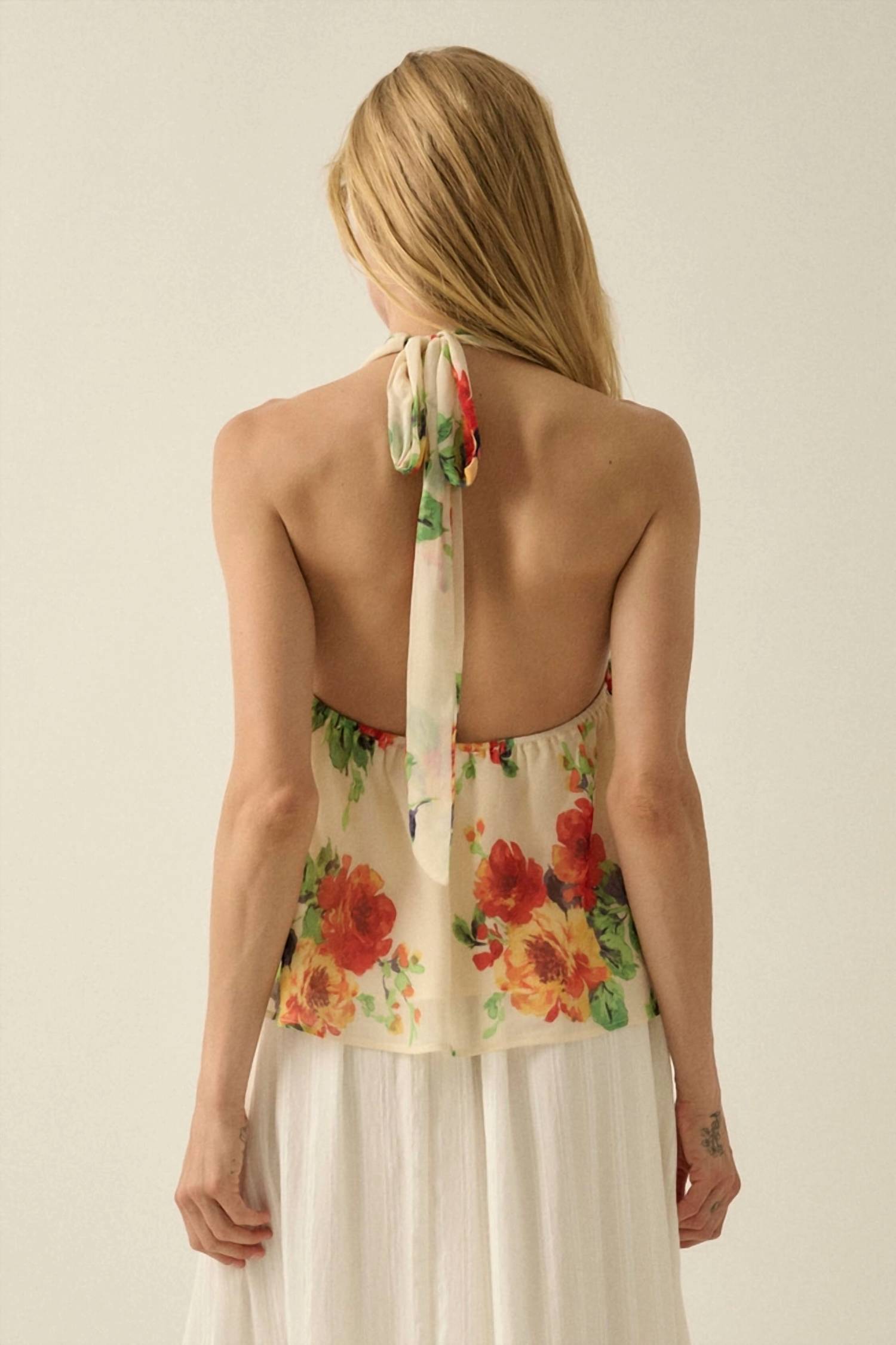 Promesa - Floral Chiffon Cowl Neck Halter Top