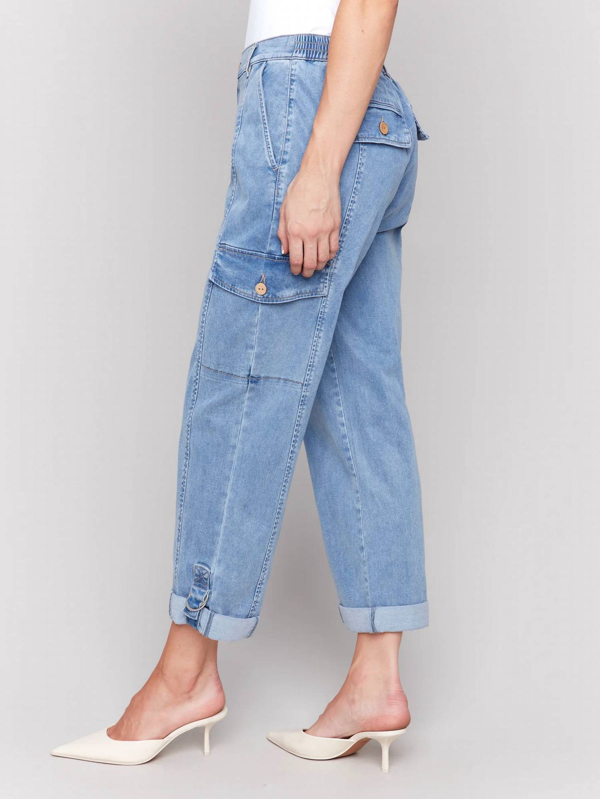 CHARLIE B Safari Cargo Pant in chambray - women's pants - detail view