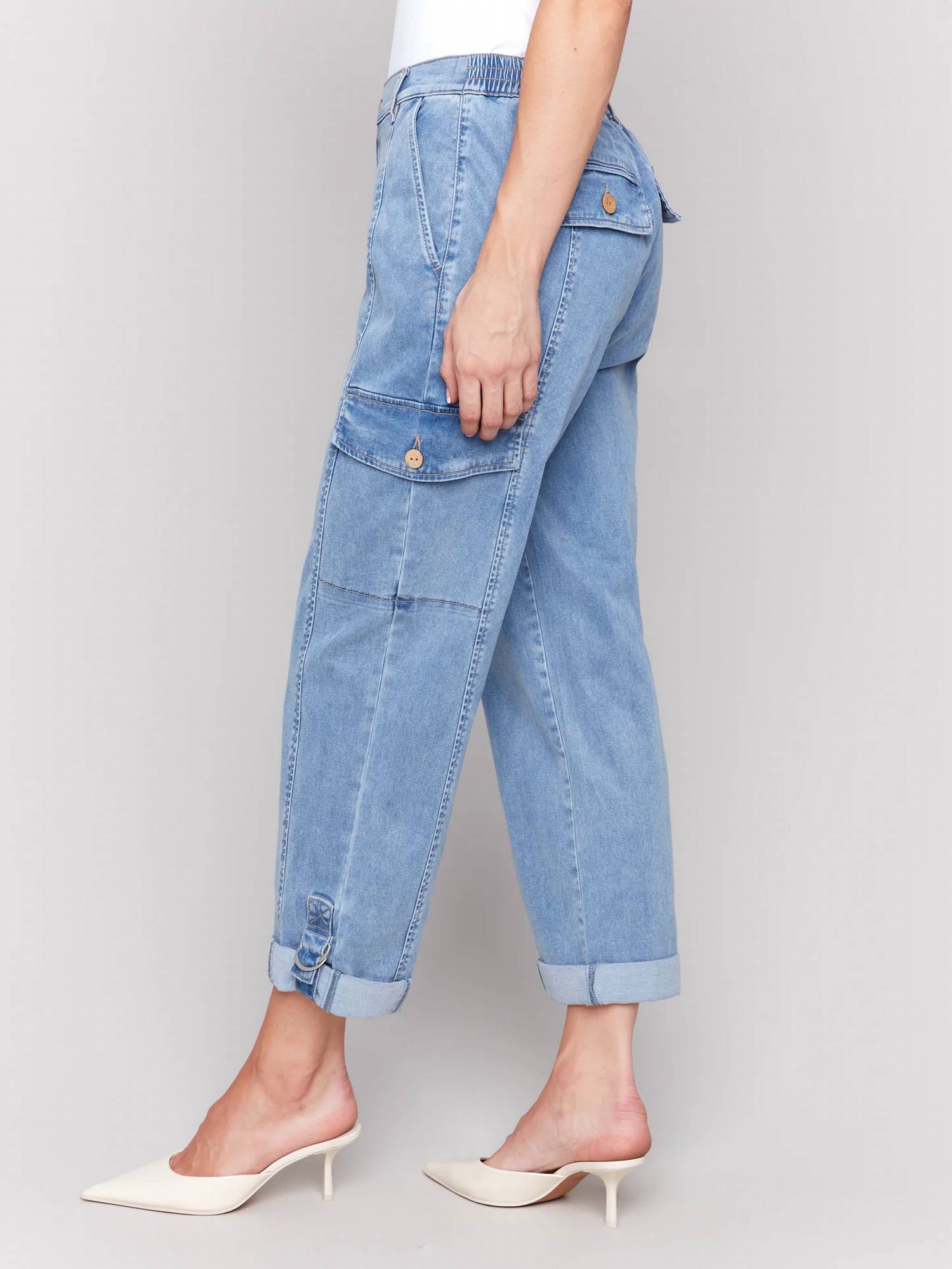 CHARLIE B Safari Cargo Pant in chambray - women's pants - detail view