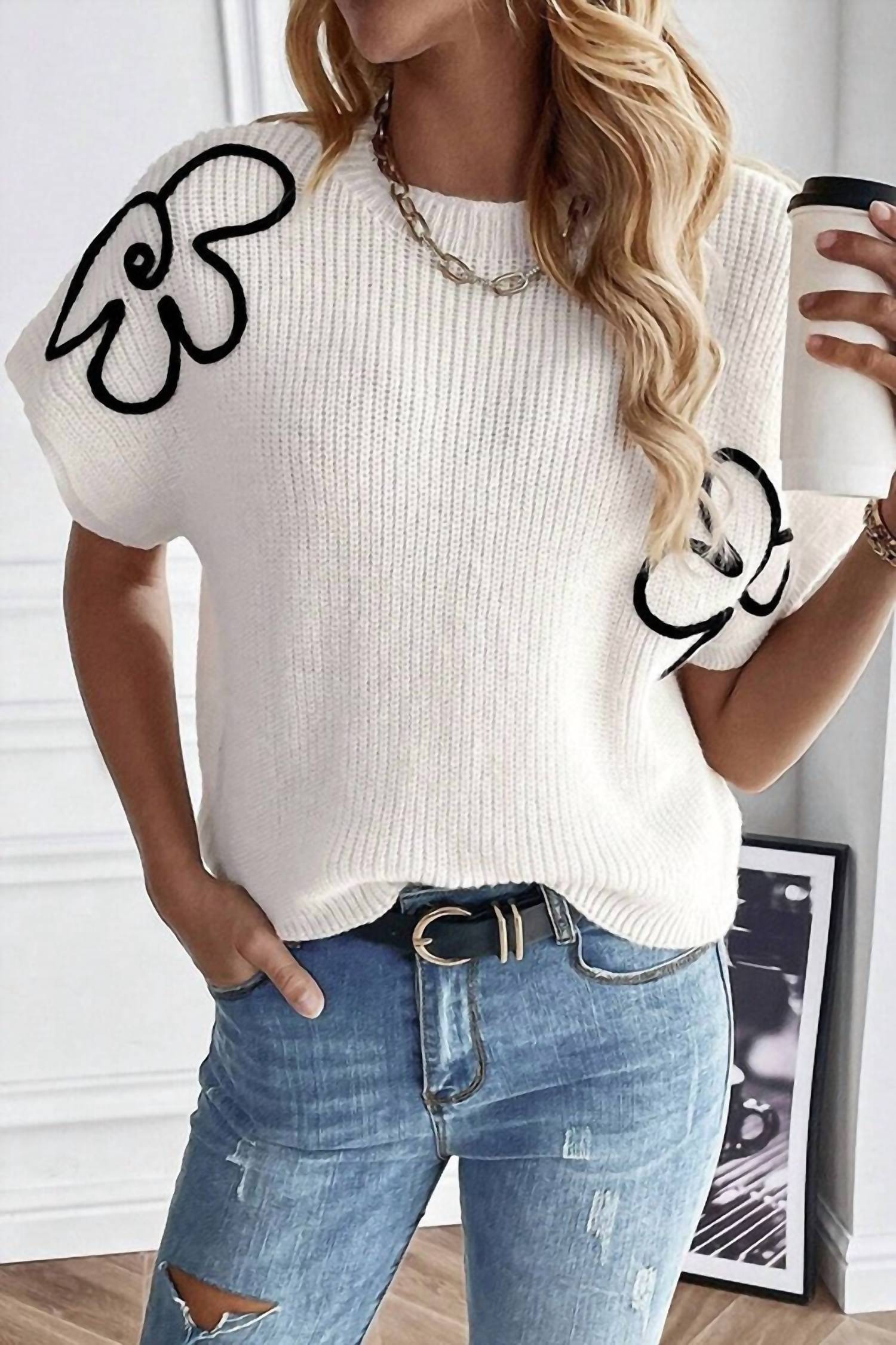 Sweet Lover Fashion - Flower Embroidery Sweater Tee