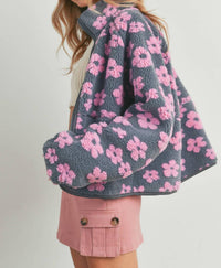 Buttermelon Daisy Fleece Sherpa Jacket in grey pink - women's jacket - detail view