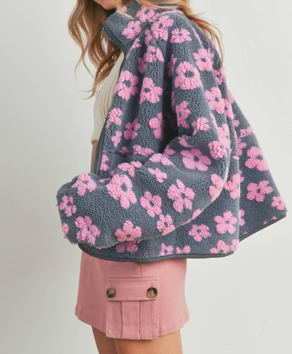 Buttermelon Daisy Fleece Sherpa Jacket in grey pink - women's jacket - detail view