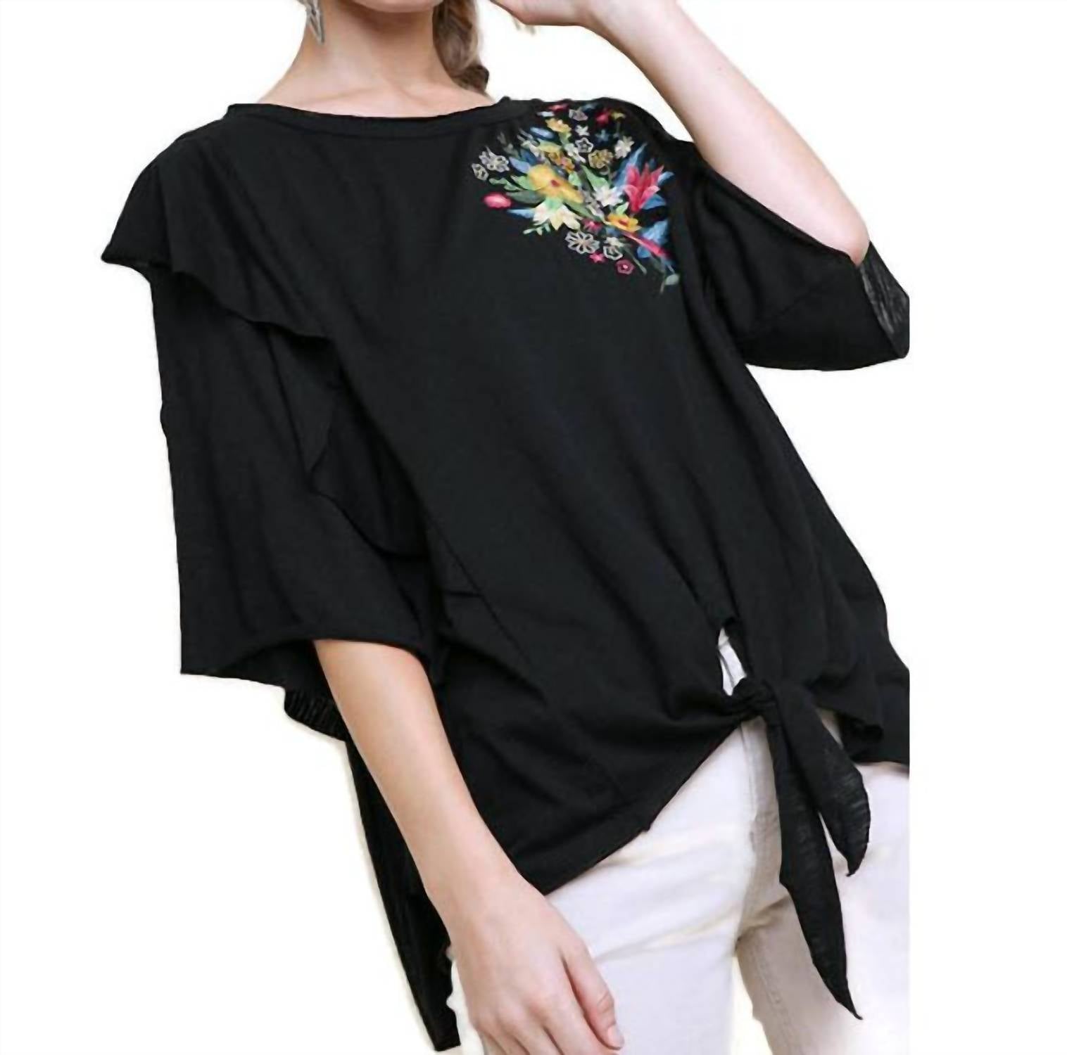 Umgee - Embroidered Ruffled Sleeve Knot Top