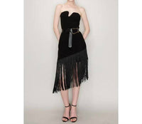 Ina Fashion - Belted Sleeveless Fringe Trim Midi Dress