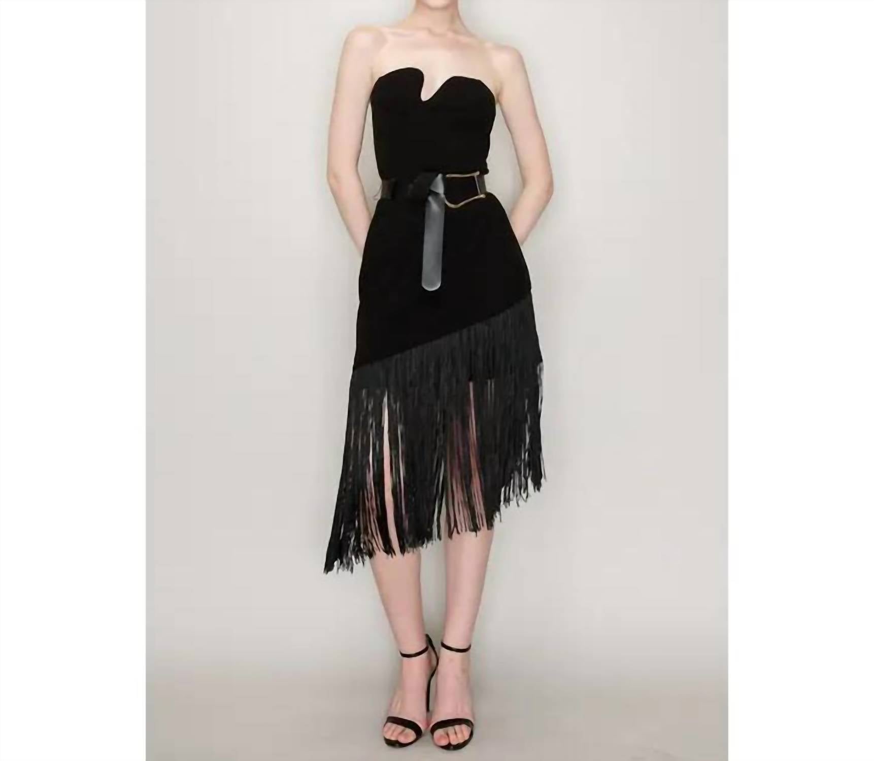 Ina Fashion - Belted Sleeveless Fringe Trim Midi Dress
