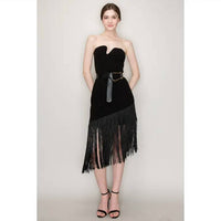 Ina Fashion - Belted Sleeveless Fringe Trim Midi Dress
