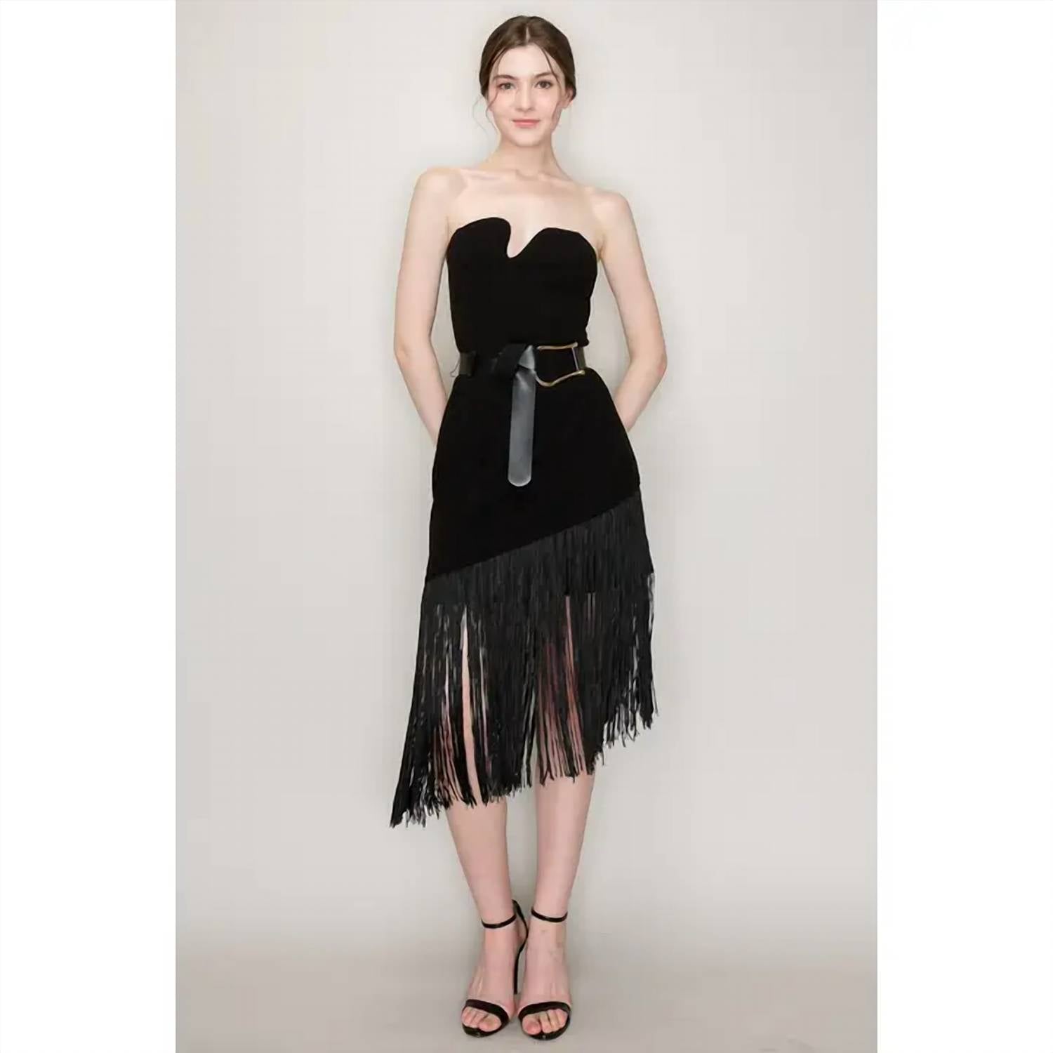 Ina Fashion - Belted Sleeveless Fringe Trim Midi Dress