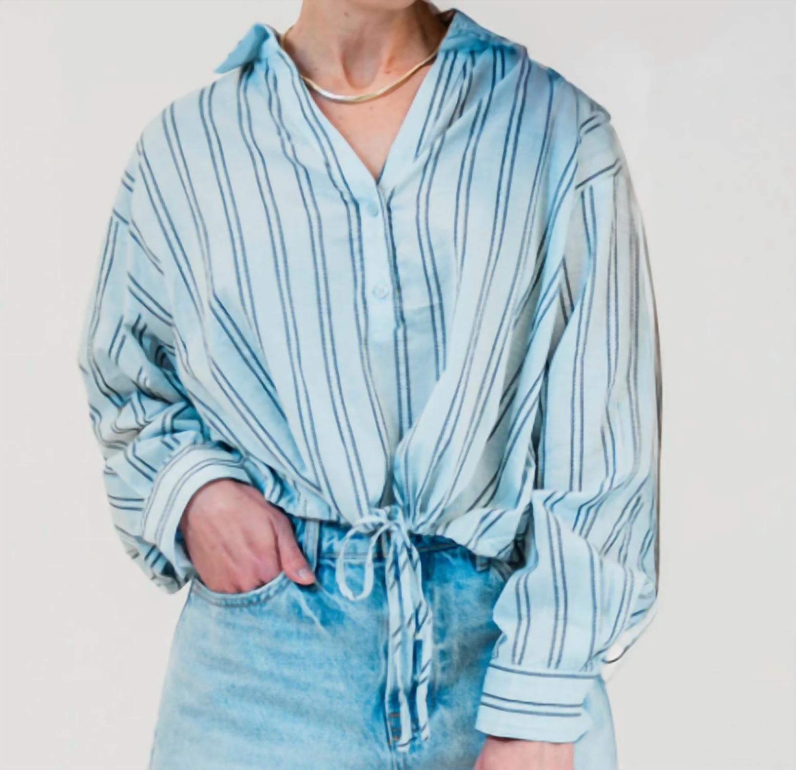 KLd. Signature Connor Linen Striped Top in blue brown - women's shirt - detail view